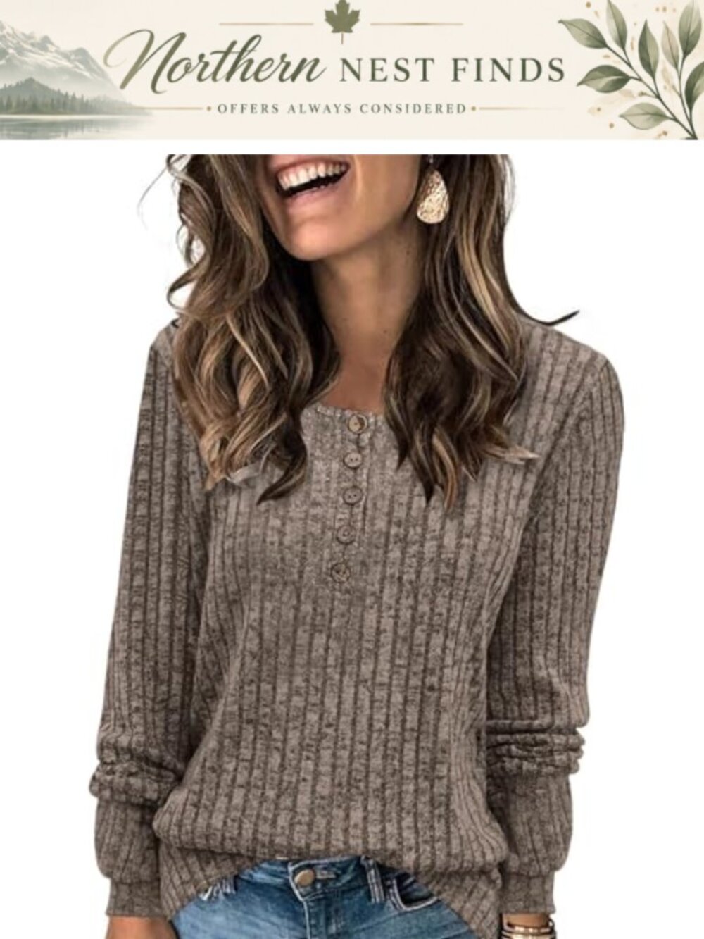 Famulily Women's Henley Tunic Sweater Long Sleeve Top
